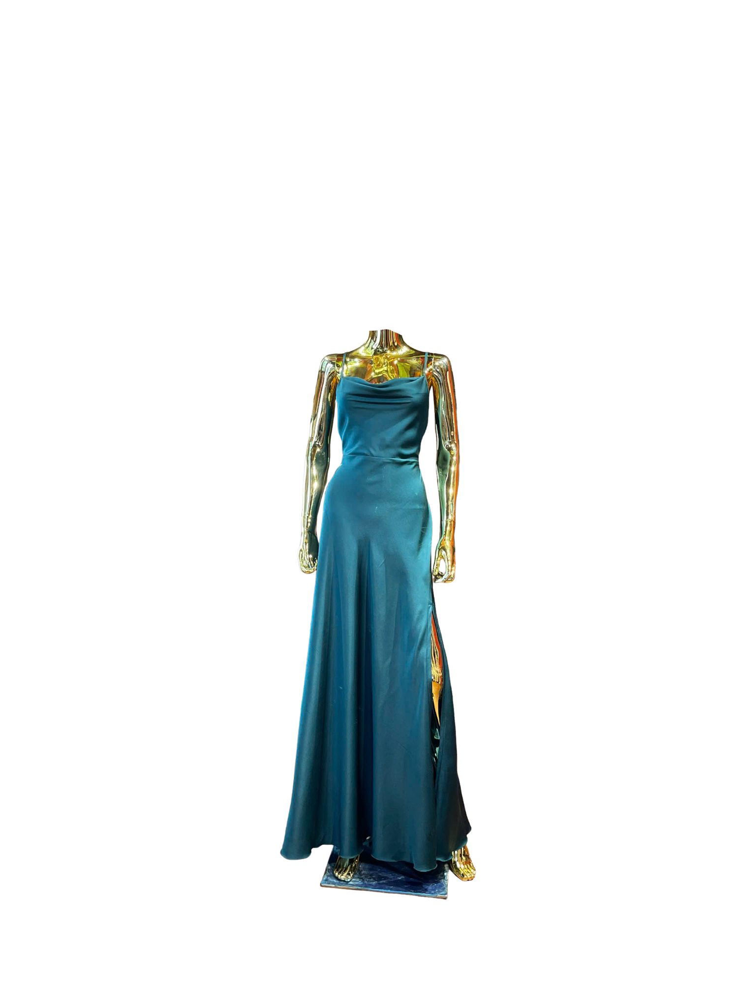 Emerald Silk Cowl-Neck Slit Gown