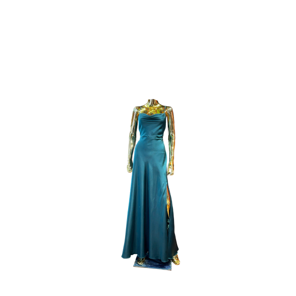 Emerald Silk Cowl-Neck Slit Gown