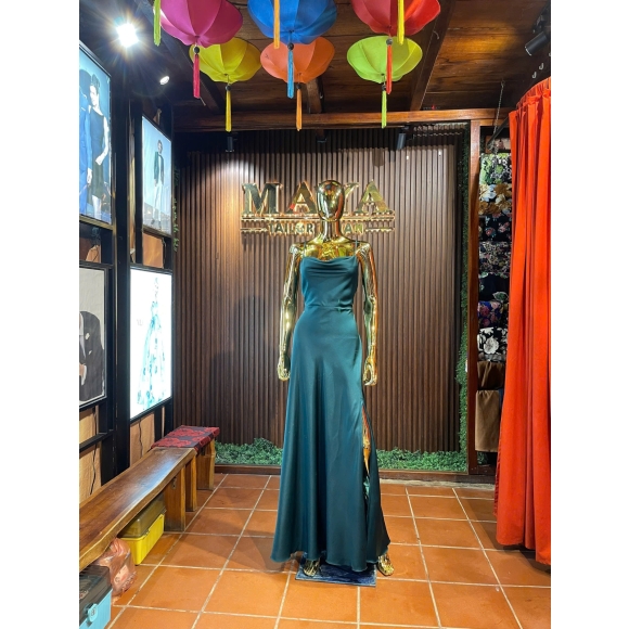 Emerald Silk Cowl-Neck Slit Gown